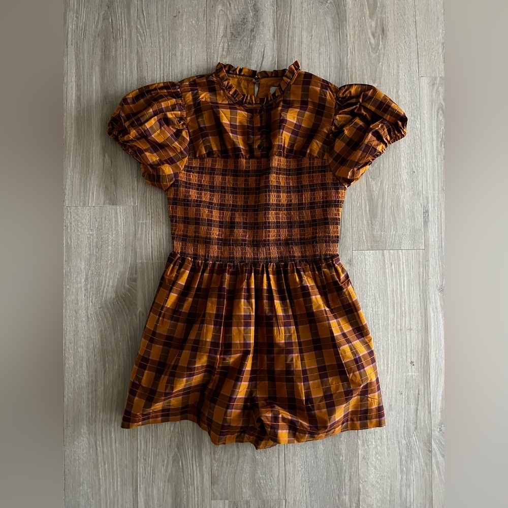 Anthropologie Maeve Puff-Sleeved Smocked Romper Orange Plaid - Size Medium - Picture 4 of 10